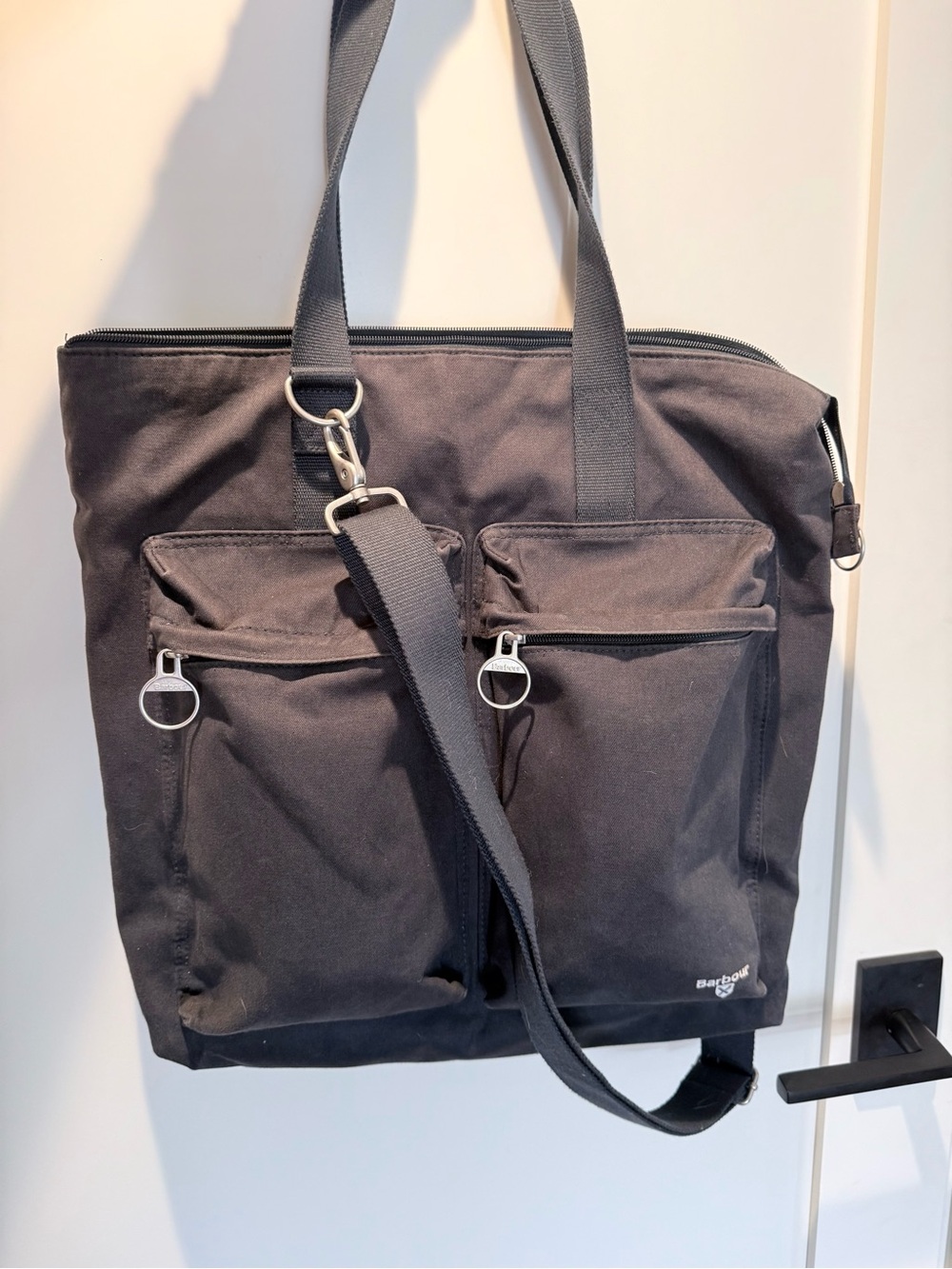 Barbour Black Canvas Messenger Tote with Dual Front Pockets